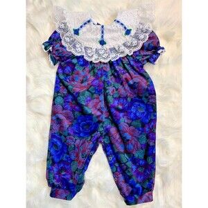 Vintage Floral Jumper Bibbed Lace Velvet Cottagecore 12 Months Blue Purple Red